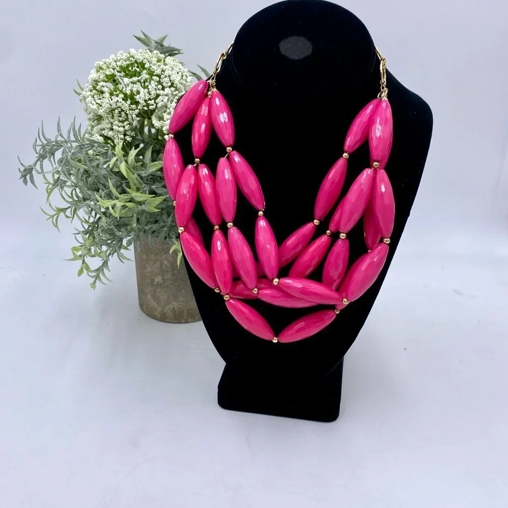 Amrita Singh Statement‎ Multi-Strand Hot Pink Beads and Gold Tone Chain Necklace